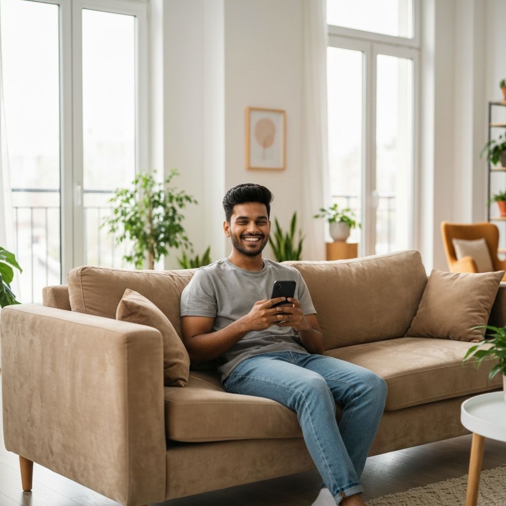 Person relaxing at home using phone for loan application